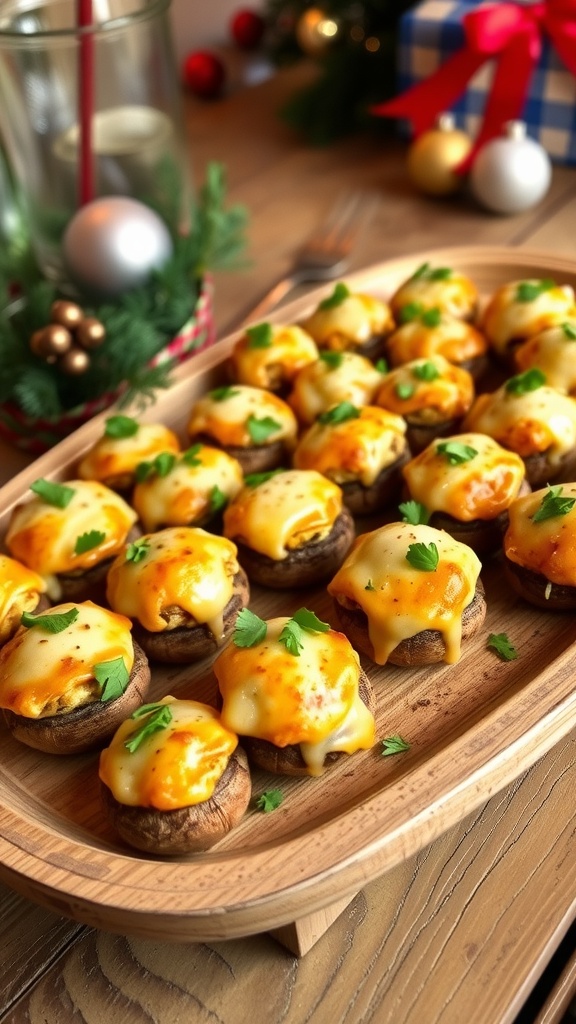 Delicious stuffed mushrooms on a platter, garnished with parsley, ready for serving at a party.